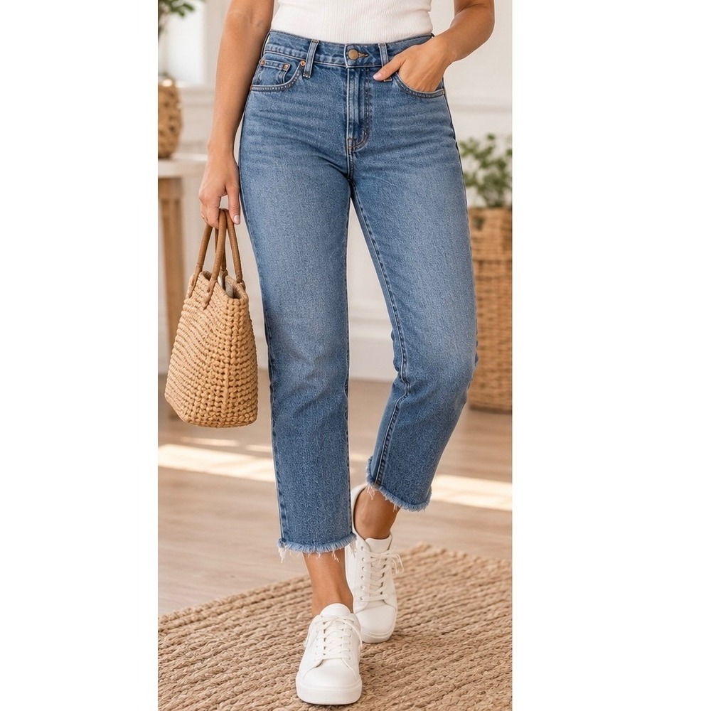 Madewell The Perfect Vintage Crop Jean Womens 30P Blue Denim Raw Hem High Rise